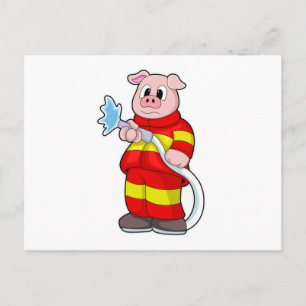 Carte Postale Cochon comme pompier avec tuyau