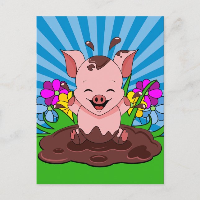 Carte Postale Cochon Dans La Boue (Devant)