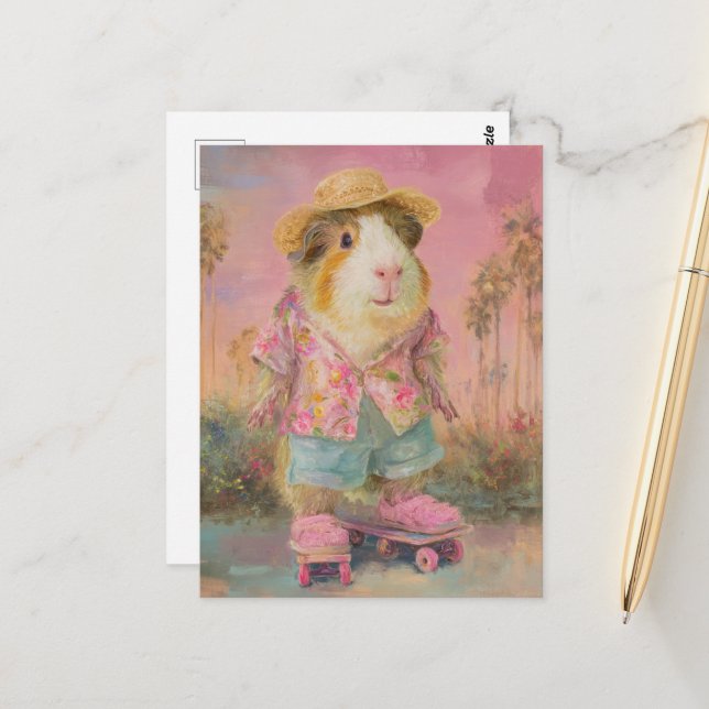 Carte Postale Cochon de Guinée drôle sur deux skateboards (Devant/Arrière en situation)