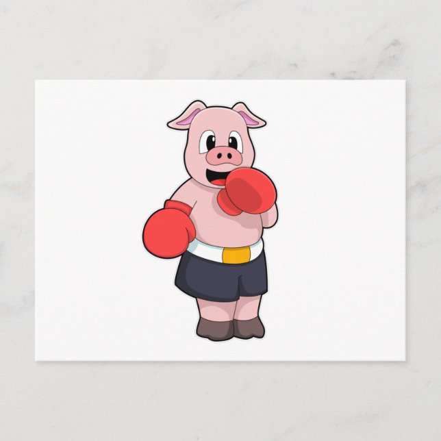 Carte Postale Cochon en boxeur sur un ring (Devant)