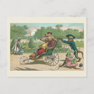 Carte Postale "Cochon en fauteuil roulant" Vintage