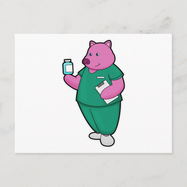Carte Postale Cochon en infirmière avec des médicaments (Devant)