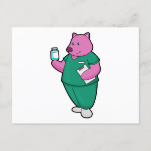 Carte Postale Cochon en infirmière avec médicament