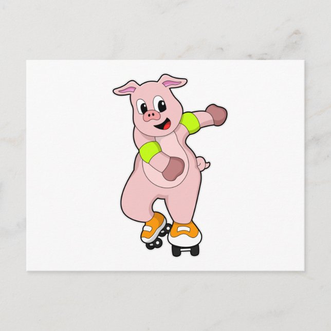 Carte Postale Cochon en patinage avec patins en ligne (Devant)