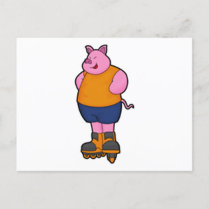Carte Postale Cochon en patinage avec patins en ligne