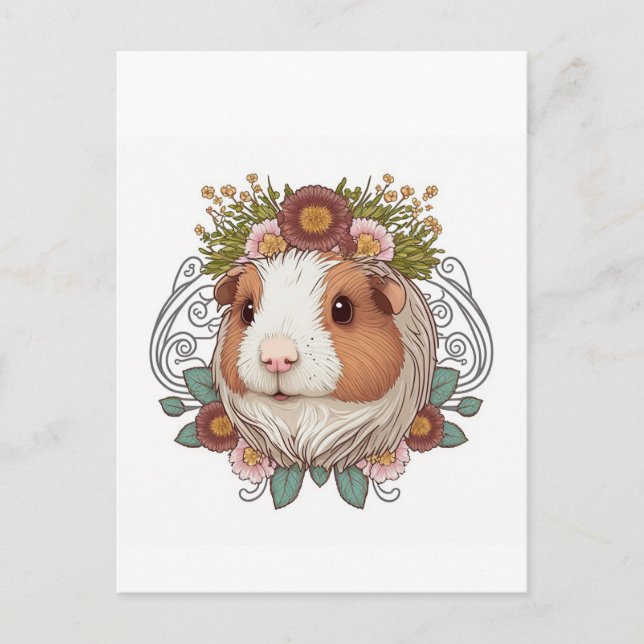 Carte Postale Cochon et fleurs de Guinée Brown et blanche (Devant)