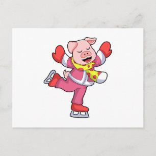 Carte Postale Cochon faisant du patin à glace avec des patins à 