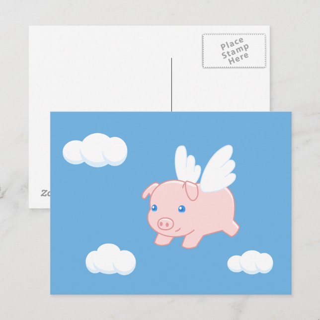 Carte Postale Cochon volant - Cochon mignon avec ailes (Devant / Derrière)