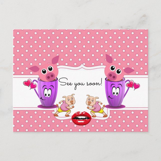 Carte postale Cochons roses Posez un point À bient (Devant)