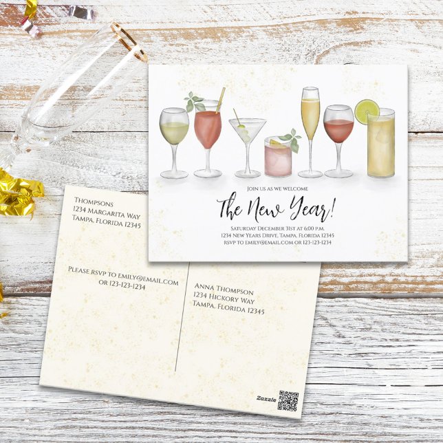 Carte Postale Cocktails de la fête de la nouvelle année Aquarell (Créateur téléchargé)