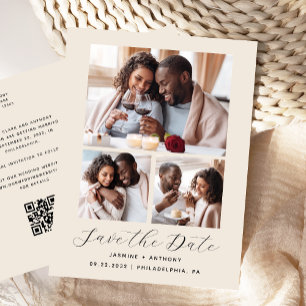 Carte Postale Code QR Collage 3 Photos Beige Enregistrez la Date