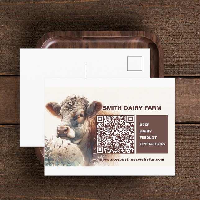 Carte postale Code QR pour vache Business (Cow Business QR Code Postcard (front and back))