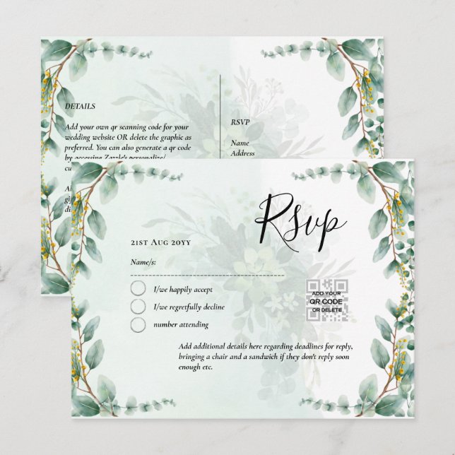 Carte Postale CODE QR RSVP Feuilles d'Eucalyptus Végétation Mari (Devant / Derrière)