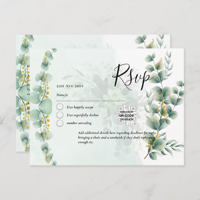 Carte Postale CODE QR RSVP Feuilles d'Eucalyptus Végétation Mari (Devant / Derrière)