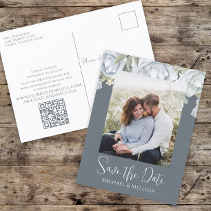 Carte Postale Code QR simple élégant bleu bleu floral Mariage