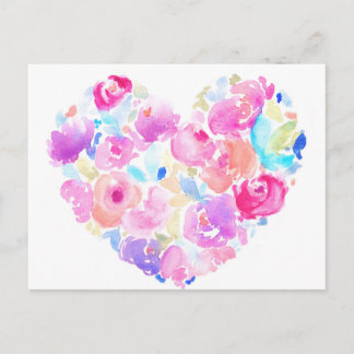 Carte Postale Coeur aquarelle. Coeur de fleurs