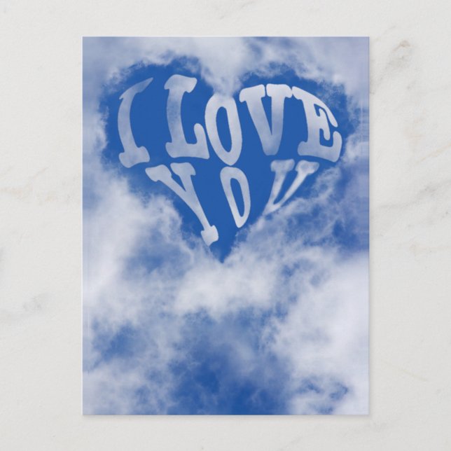 Carte Postale Coeur bleu ciel entouré de nuages. Je t'aime (Devant)