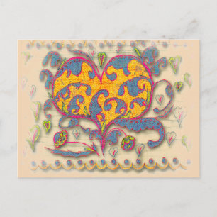 Carte Postale Coeur d'art populaire avec feuilles et fleurs
