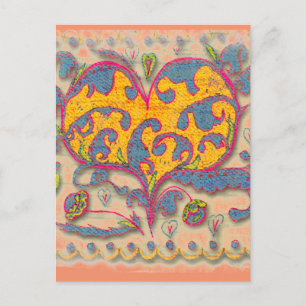 Carte Postale Coeur d'art populaire avec feuilles et fleurs