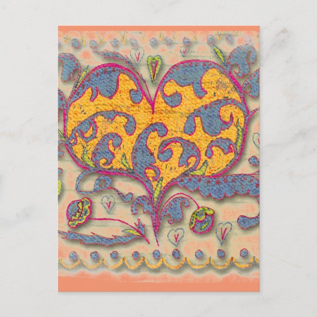 Carte Postale Cœur d'art populaire avec feuilles et fleurs (Devant)