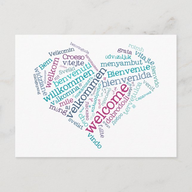 Carte postale Coeur de bienvenue (plusieurs langue (Devant)