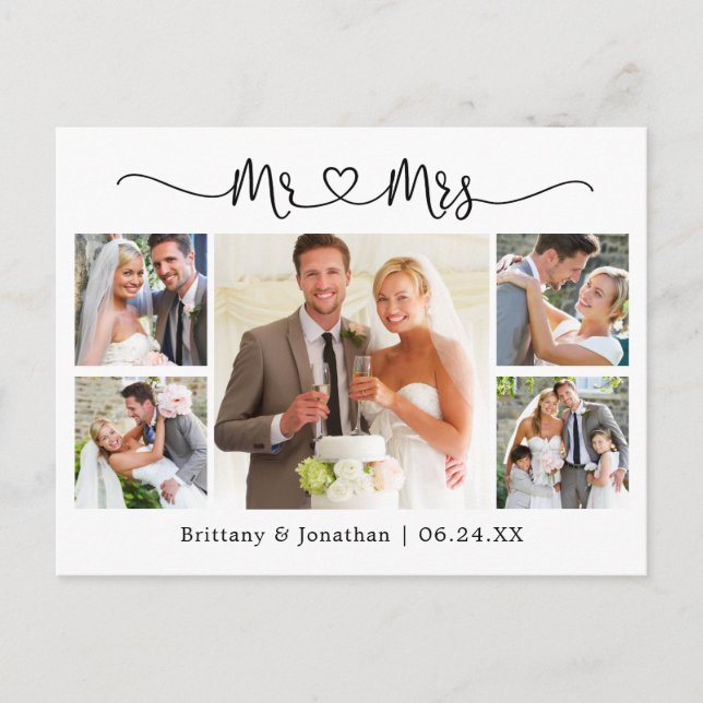 Carte Postale Cœur de calligraphie Mariage 5 Photo Merci (Devant)