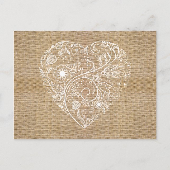 Carte Postale Coeur de fleur de burlap de lin (Devant)