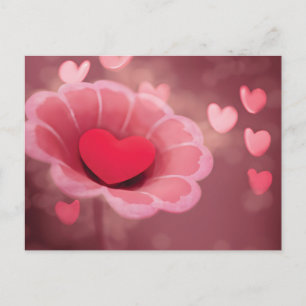 Carte Postale Cœur de fleur en papier rose et rouge fait main