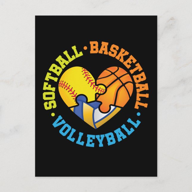Carte Postale Coeur de volley-ball de basketball de softball (Devant)