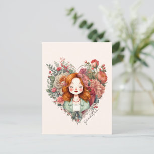 Carte Postale Coeur des fleurs - Femme encadrée dans le coeur fl