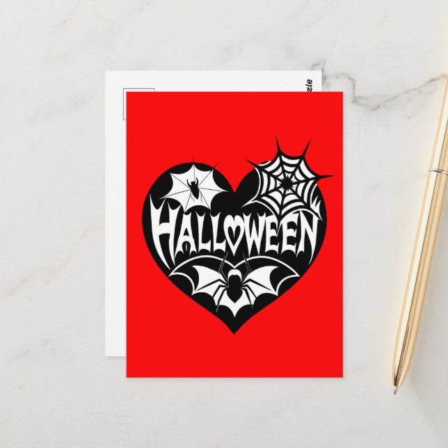 Carte Postale Cœur d'Halloween, forme de cœur noir, toile d'arai (Devant/Arrière en situation)