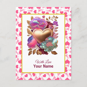 Carte Postale Cœur doré et floral romantique