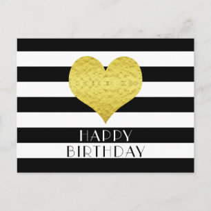 Carte Postale Cœur Doré Rayures Noires et Blanches Joyeux Annive