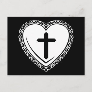 Carte postale Coeur et Croix gothique (noir et bla