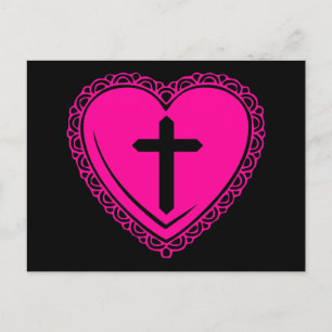Carte Postale Cœur gothique + Croix (Noir + Rose)