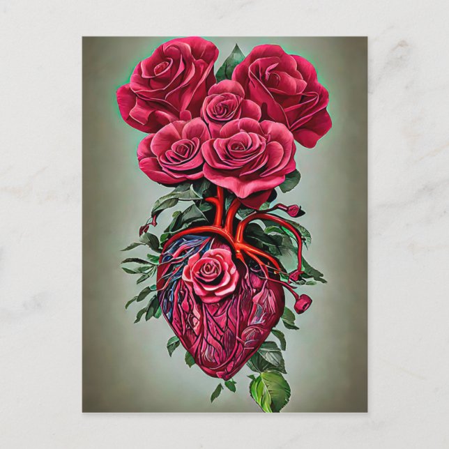 Carte Postale Coeur humain avec fleurs de rose rouge art surréal (Devant)