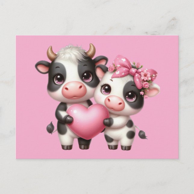 Carte Postale Coeur rose Vaches mignon (Devant)