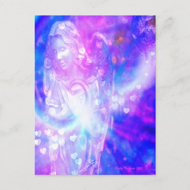 Carte Postale Coeurs anges priant belle aquarelle violette (Devant)