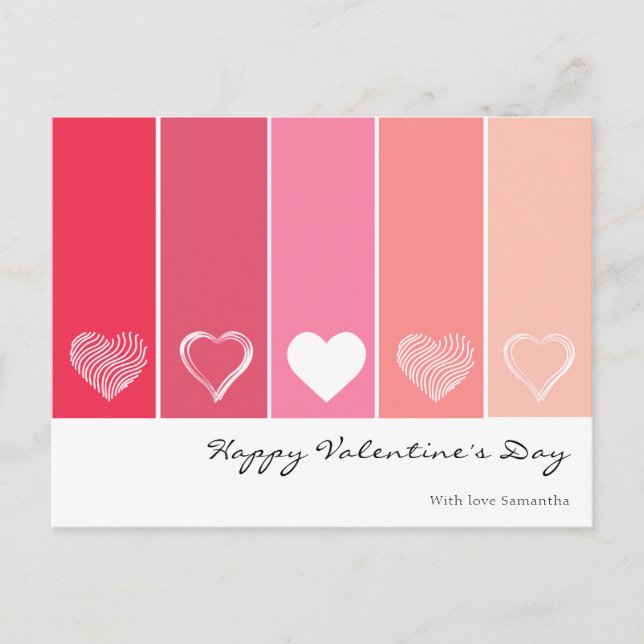 Carte Postale Coeurs blancs modernes rayures rouges et roses Val (Devant)