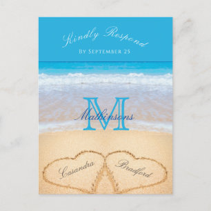 Carte Postale Coeurs dans le sable Plage Mariage Bleu RSVP