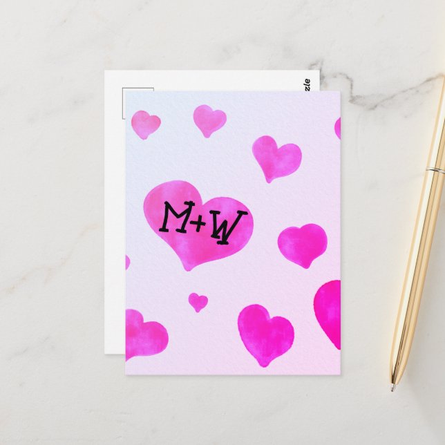 Carte Postale Coeurs d'aquarelle rose Personnalisé Nom de couple (Devant/Arrière en situation)
