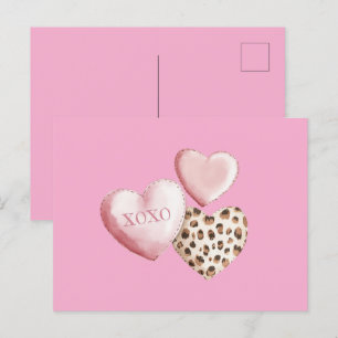Carte Postale Coeurs Empreintes de léopard XOXO Rose