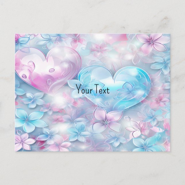 Carte postale coeurs et fleurs rose aqua (Devant)