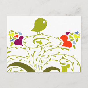 Carte Postale Coeurs Et Oiseaux Sur Un Petit Arbre
