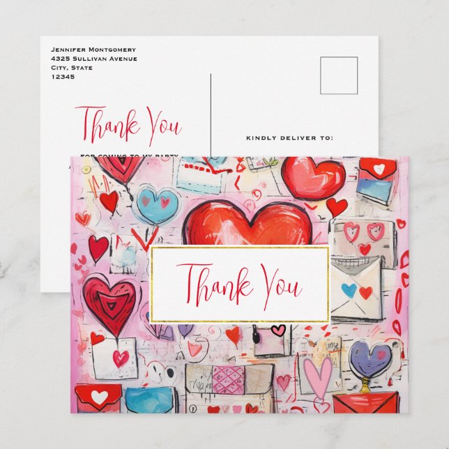 Carte Postale Coeurs lunaires et lettres d'amour Merci (Devant / Derrière)