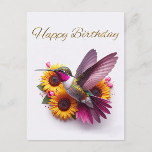Carte Postale Colibri volant avec des fleurs Joyeux Anniversaire