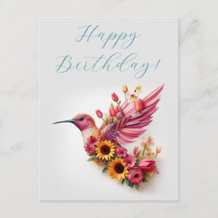 Carte Postale Colibri volant avec des fleurs Joyeux Anniversaire