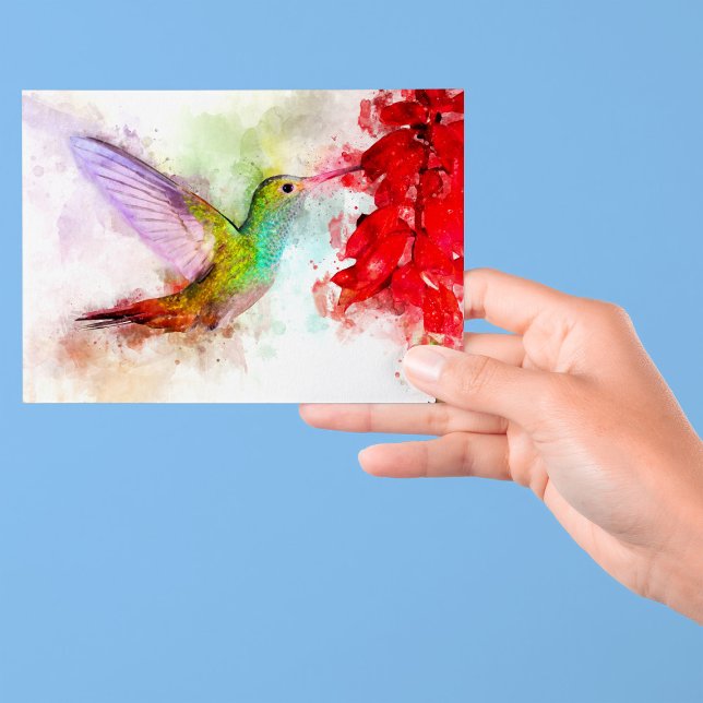 Carte Postale Colibri volant avec fleur Aquarelle - 03 (Créateur téléchargé)
