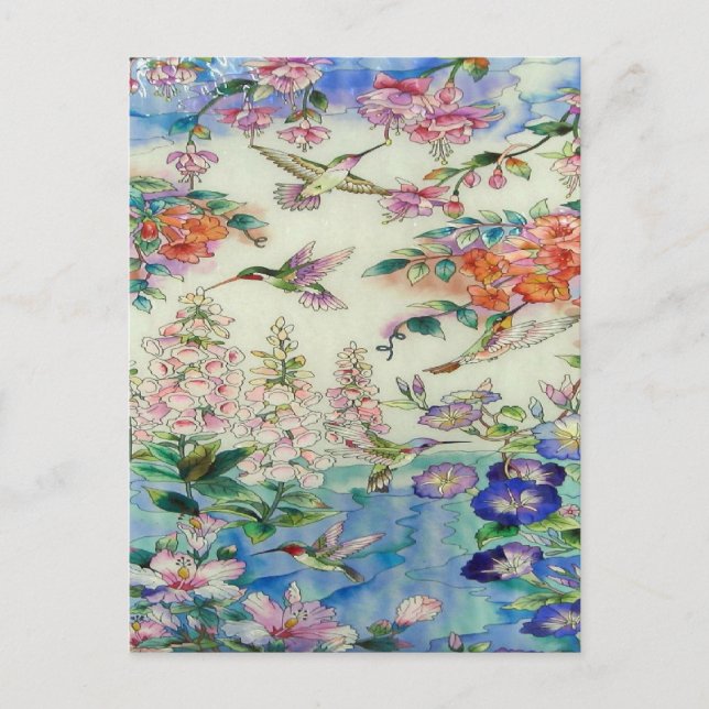 Carte Postale Colibris et verre souillé wow de fleurs roses (Devant)