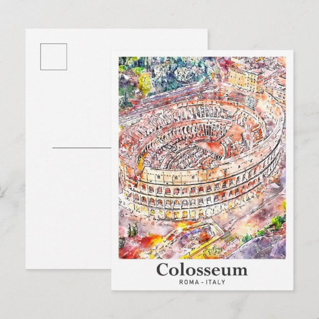 Carte Postale Colisée Rome Italie Aquarelle Croquis main (Devant / Derrière)